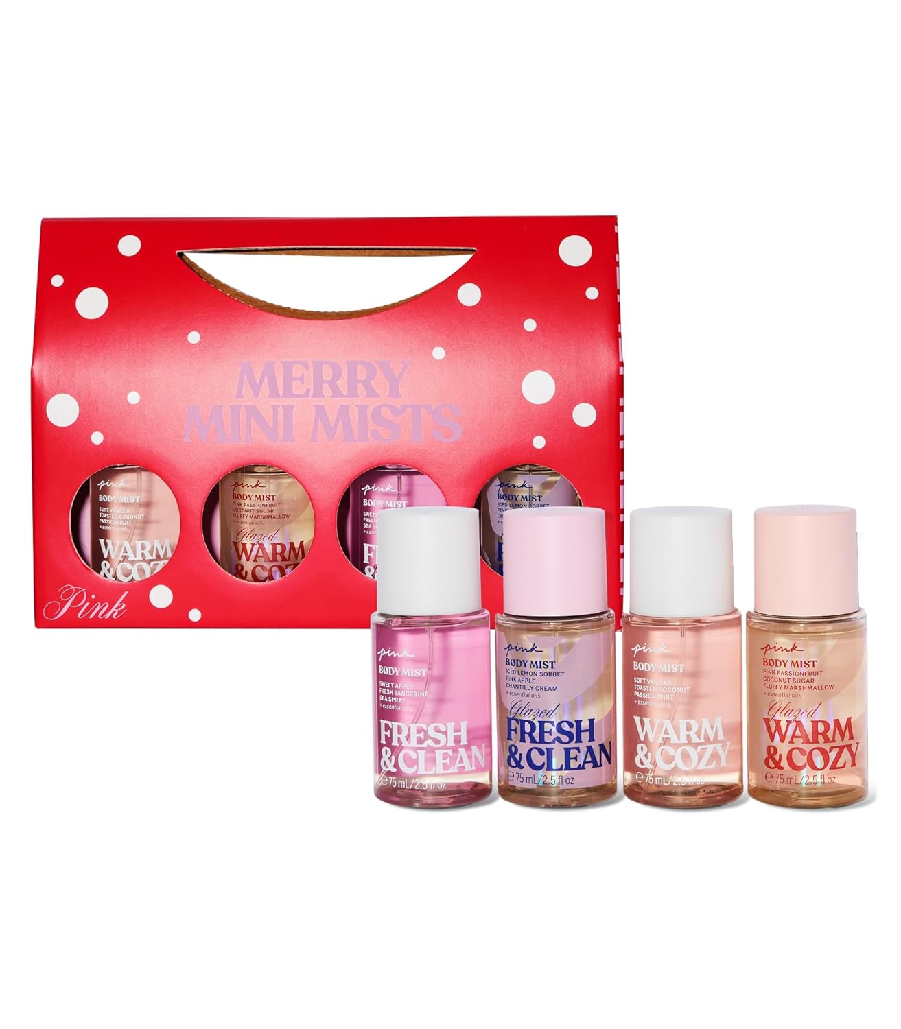 Victoria’s Secret PINK 4 Piece Merry Mini Mists Gift Set: Warm & Cozy and Fresh & Clean, Assorted Scents Victoria’s Secret PINK 4 Piece Merry Mini Mists Gift Set: Warm & Cozy and Fresh & Clean, Assorted Scents