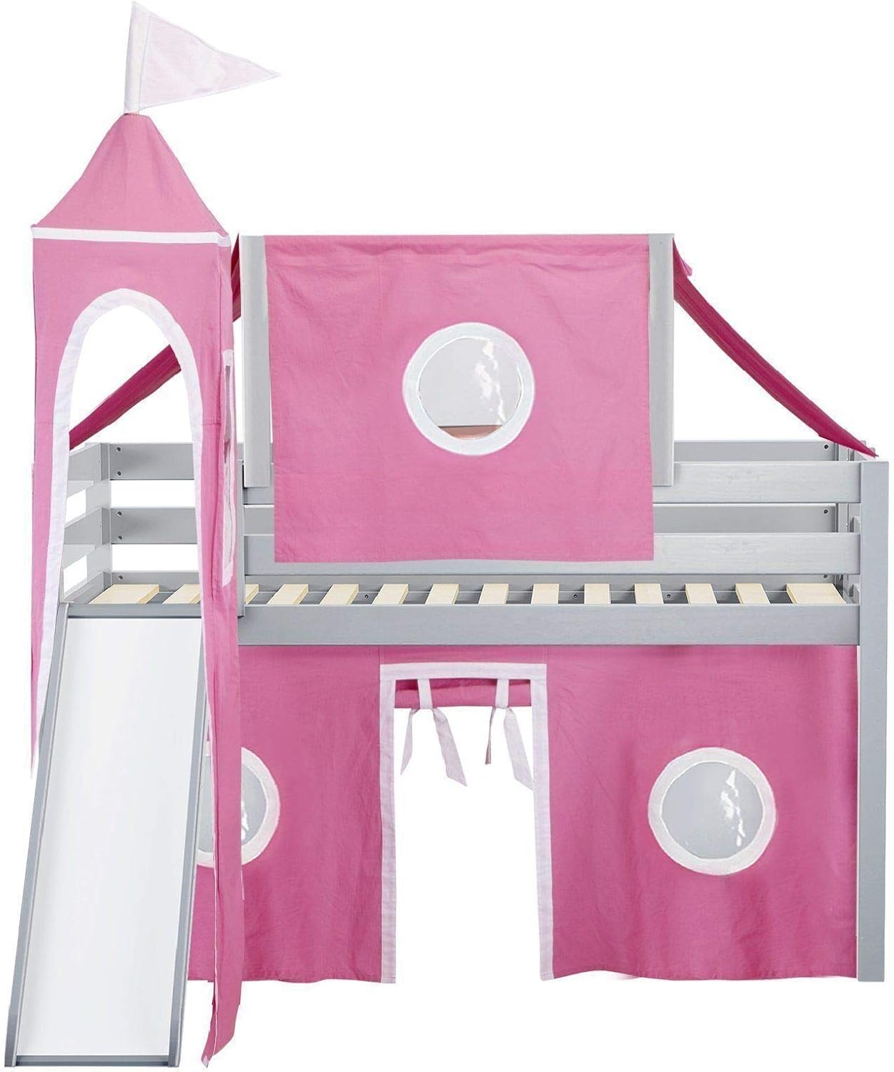 JACKPOT! Castle Low Loft Stairway Bed with Slide Pink & White Tent and Tower, Loft Bed, Twin, Gray