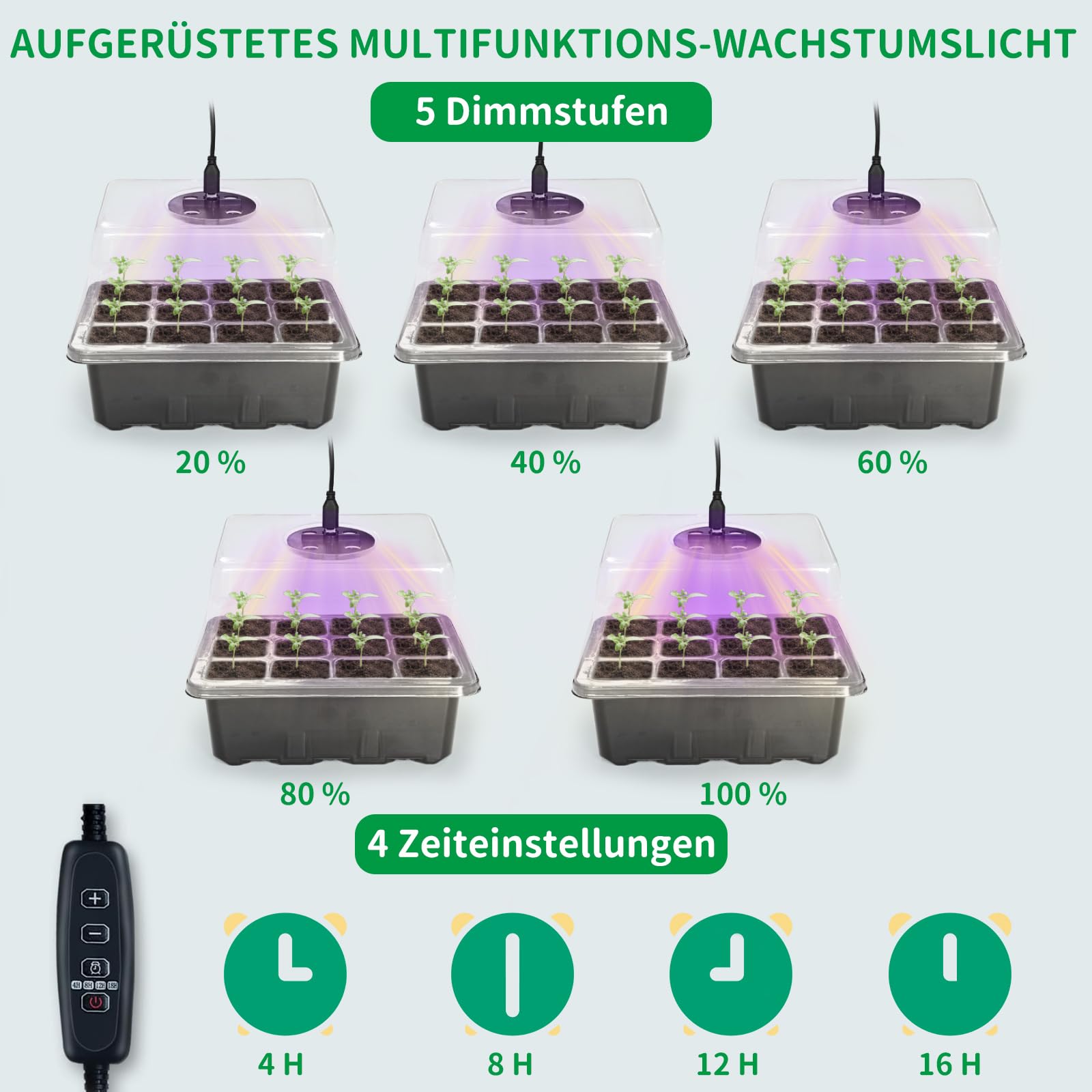 NAMOTEK Station de Germination 5 pièces avec Tapis Chauffant & Lampe de Croissance – 60 cellules, Mini-Serre