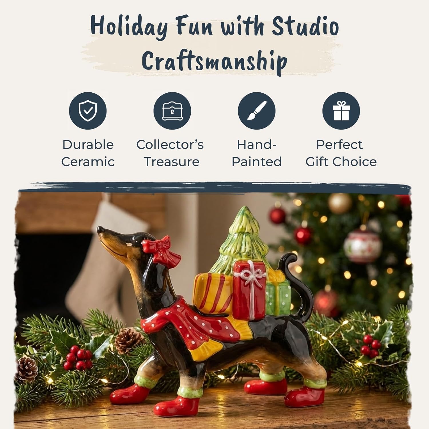 Blue Sky Clayworks Christmas Harvey Dachshund Dog Figurine, 8.75"L x 2.5"W x 7.75"H