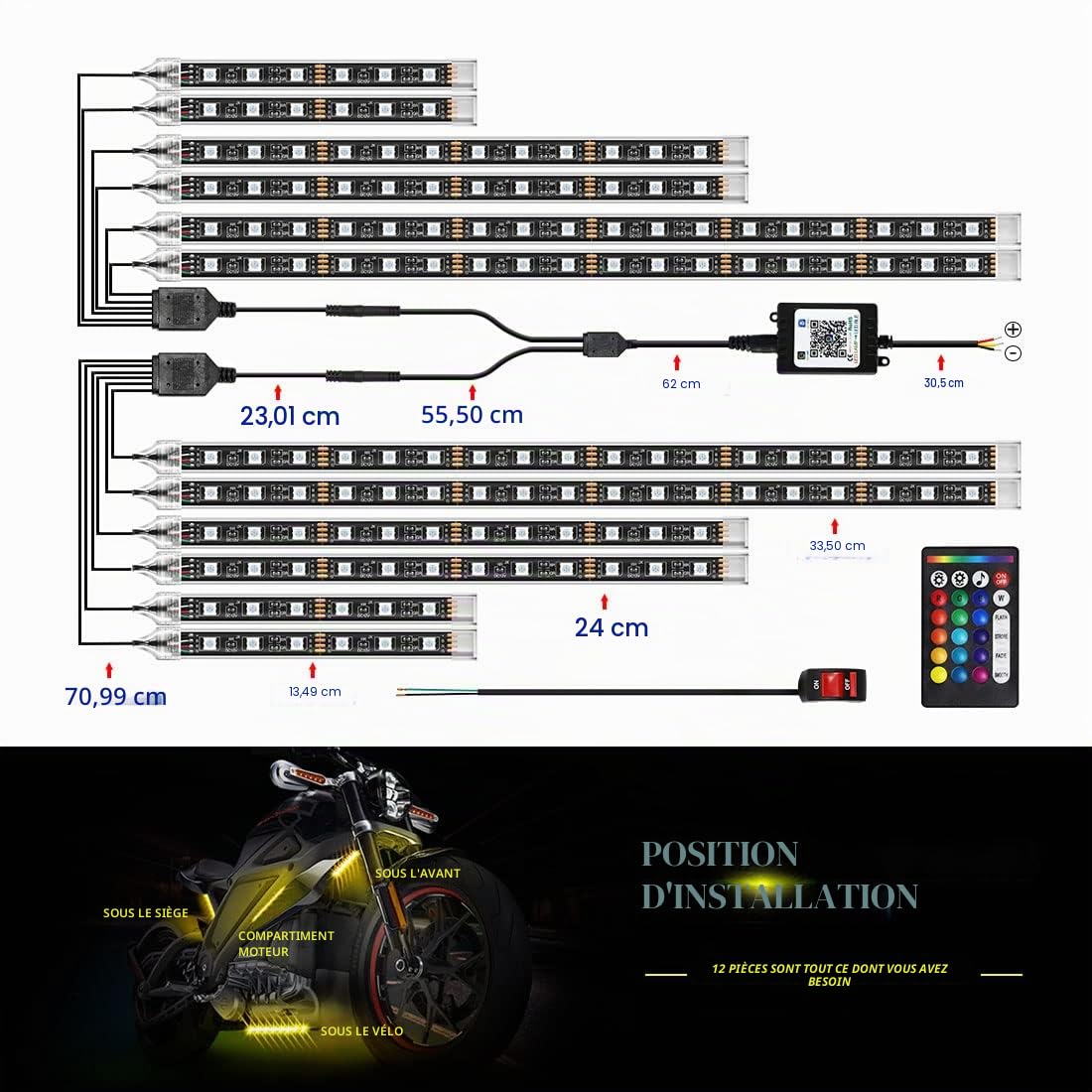 Kit de 12 lumières LED, bande LED RVB pour moto avec mode musique, fonction de feu stop multicolore, contrôle par application sans fil, DC 12 V