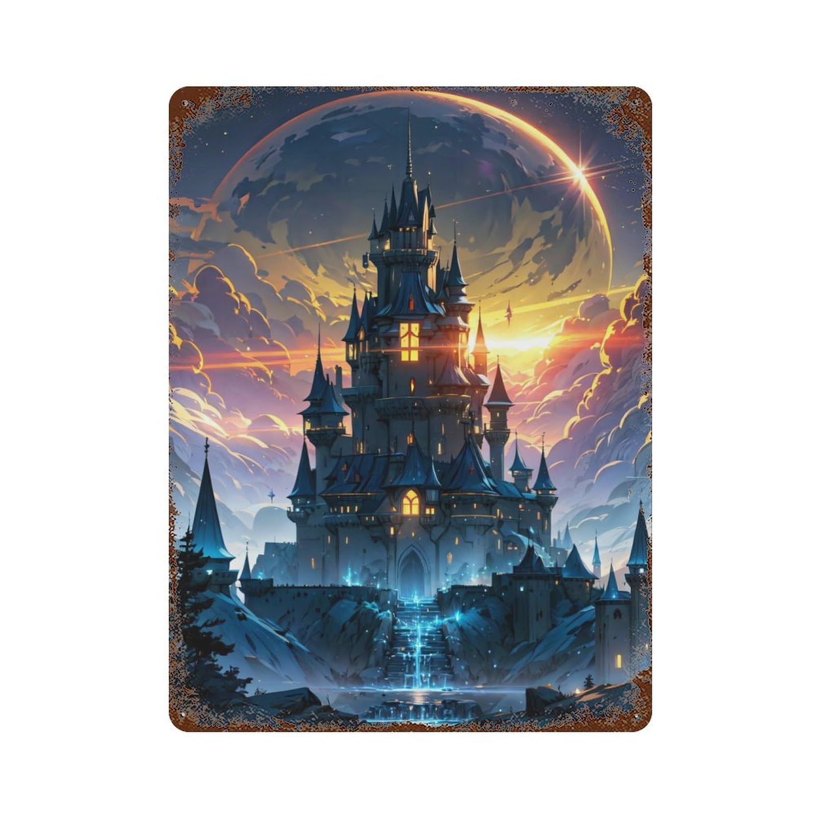 Fantasy Castle Scenery Vintage Wall Sign 15.7"x11.8", Rust Effect Metal Decor for Cafe, Home Bar And Lounge Decor