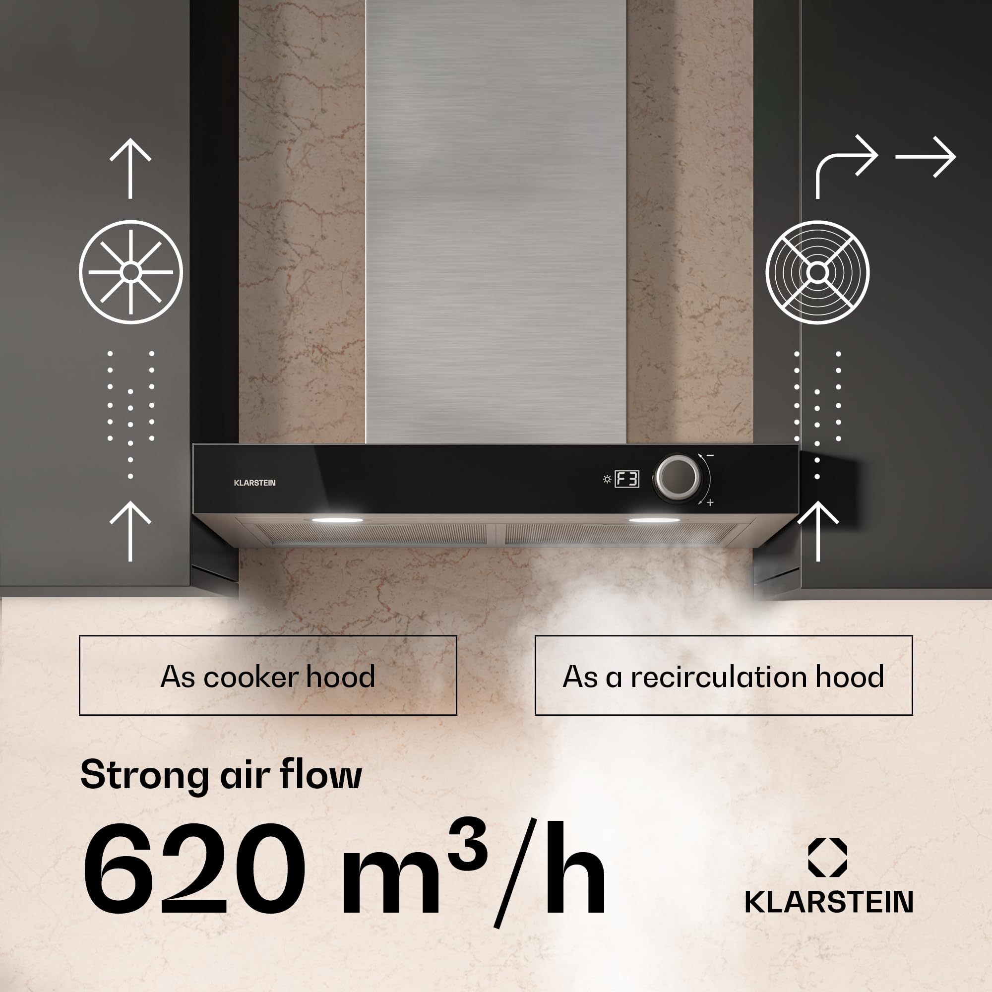Klarstein AirNova Okap kuchenny - Okap ścienny 60 cm, 614 m³/h, Klasa energetyczna A++, Oświetlenie LED, Cichy 49 dB, Recyrkulacja i wyciąg, Stal nierdzewna