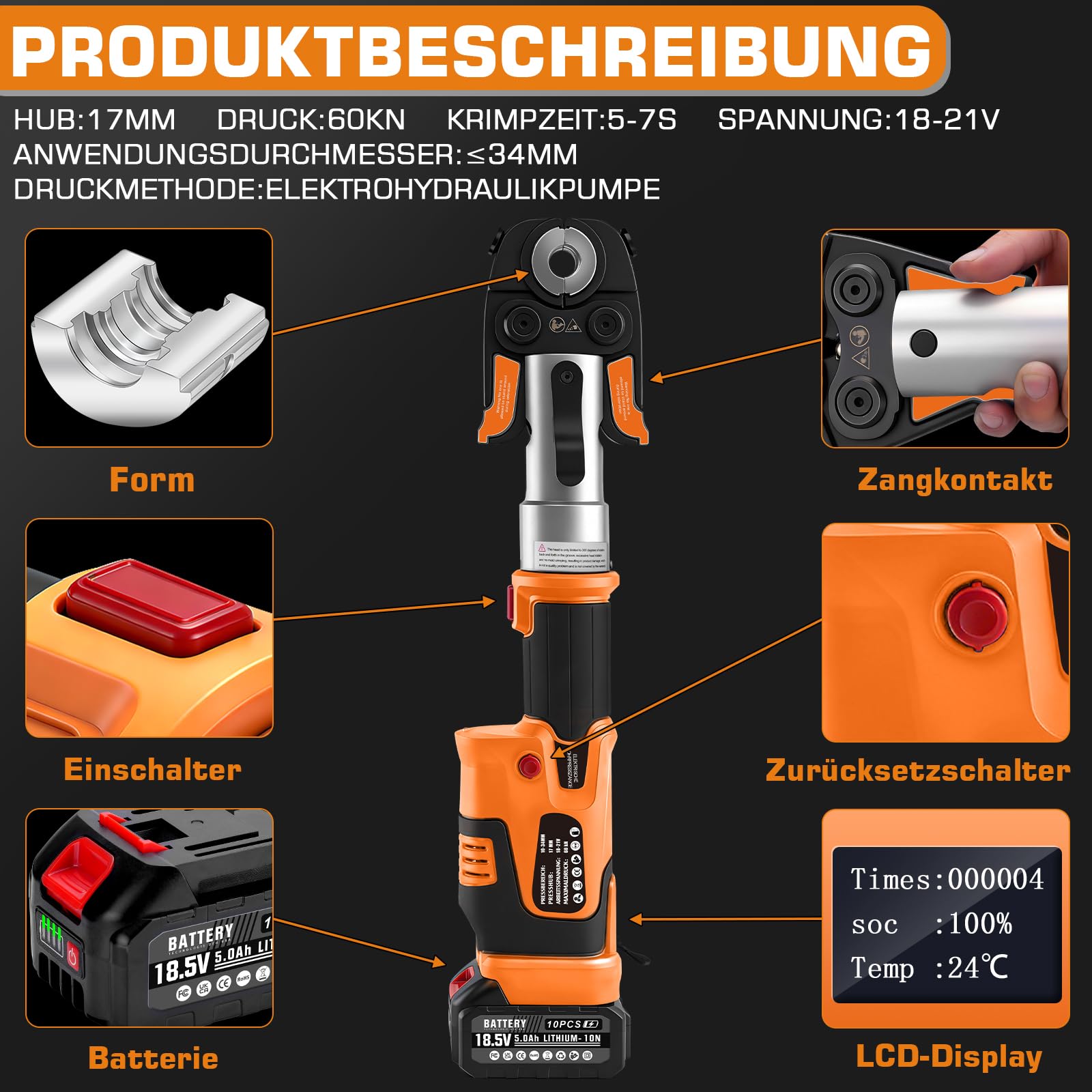18V Akku Rohrpresswerkzeug Set mit V-Kontur und TH-Kontur, Elektrische Presszange Kupferrohr inkl.V15-18-22-28 und TH16-20-26-32, 2*5-Ah-Akkus und Schnellladegerät für Kupferrohr, Edelstahlrohr Orange