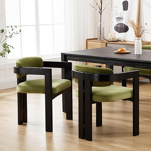Miniatura 7 de Juego de 6 sillas de comedor tapizadas con brazo y respaldo, cojín verde terciopelo, patas de madera negra