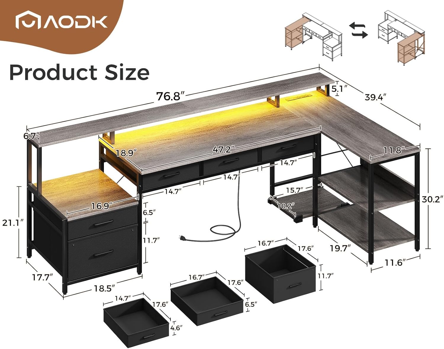 Diagram showing the dimensions of the AODK L-Shaped Desk and its individual components.