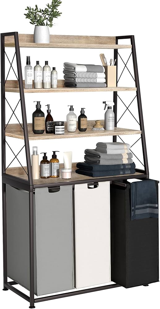 Herture Laundry Basket, 3 Section Laundry Hamper with 4 Tiers Shelf, Pull-Out and Removable Laundry Bags, Large 3 x 15.87 Gallons, for Laundry Room Bathroom Greige PF05XLZ