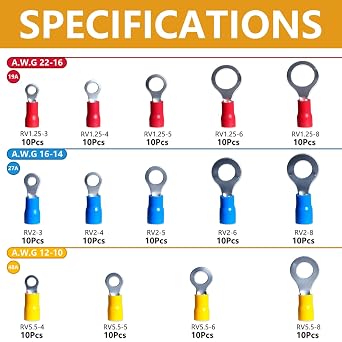 14Sizes Ring Terminal Kit #4#8#10 1/4 5/16 Ring Terminals 22-16 16-14 12-10 AWG Insulated Crimp Electrical Wire Eyelets Connectors (Pack of 140PCS)