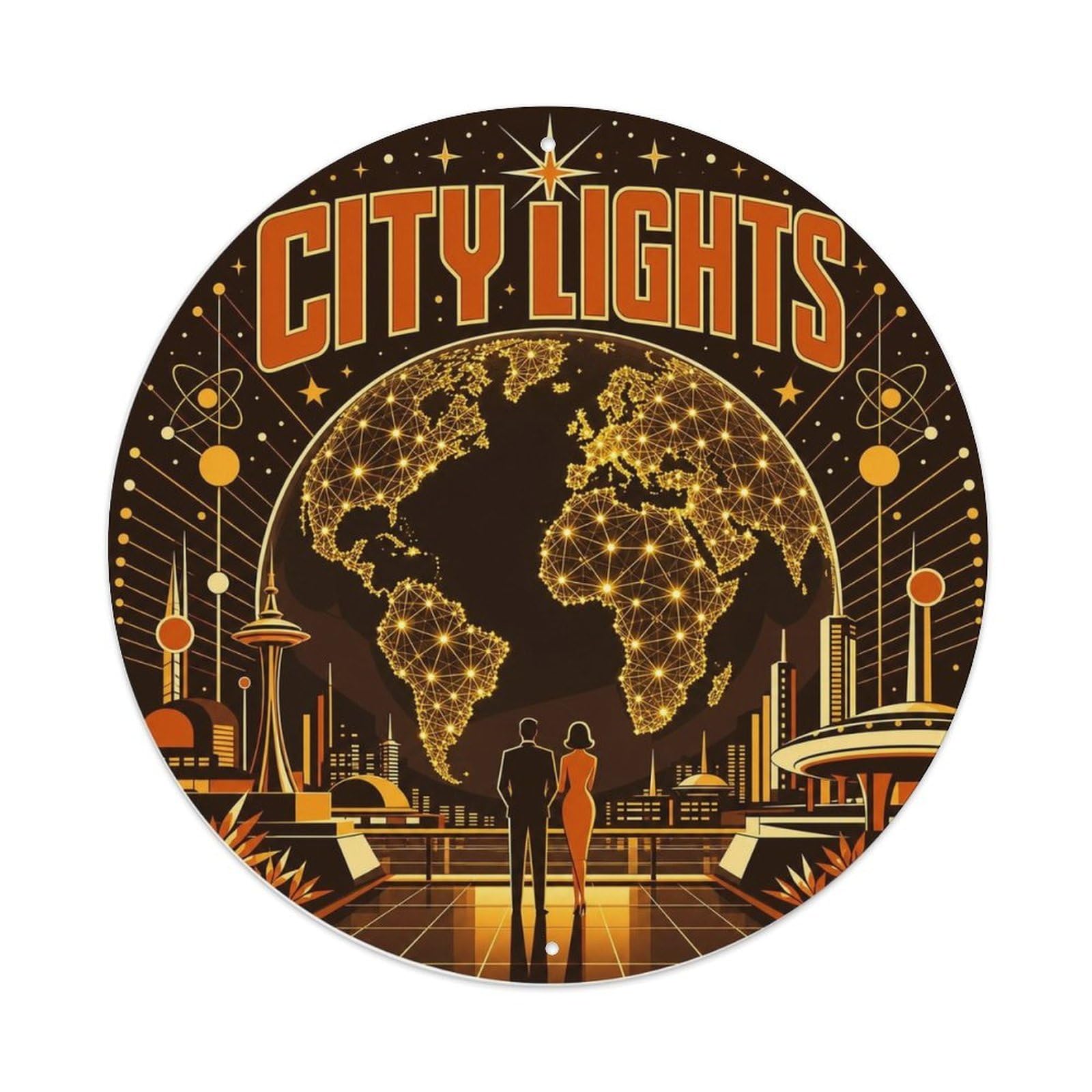 Astronomy Deep Space Earth City Lights Cosmos Celestial Metal Tin Sign Plaque Wall Decor for Cafe, Man Cave, Club Bar, Office, Home Garden Round Metal Poster 8x8Inch