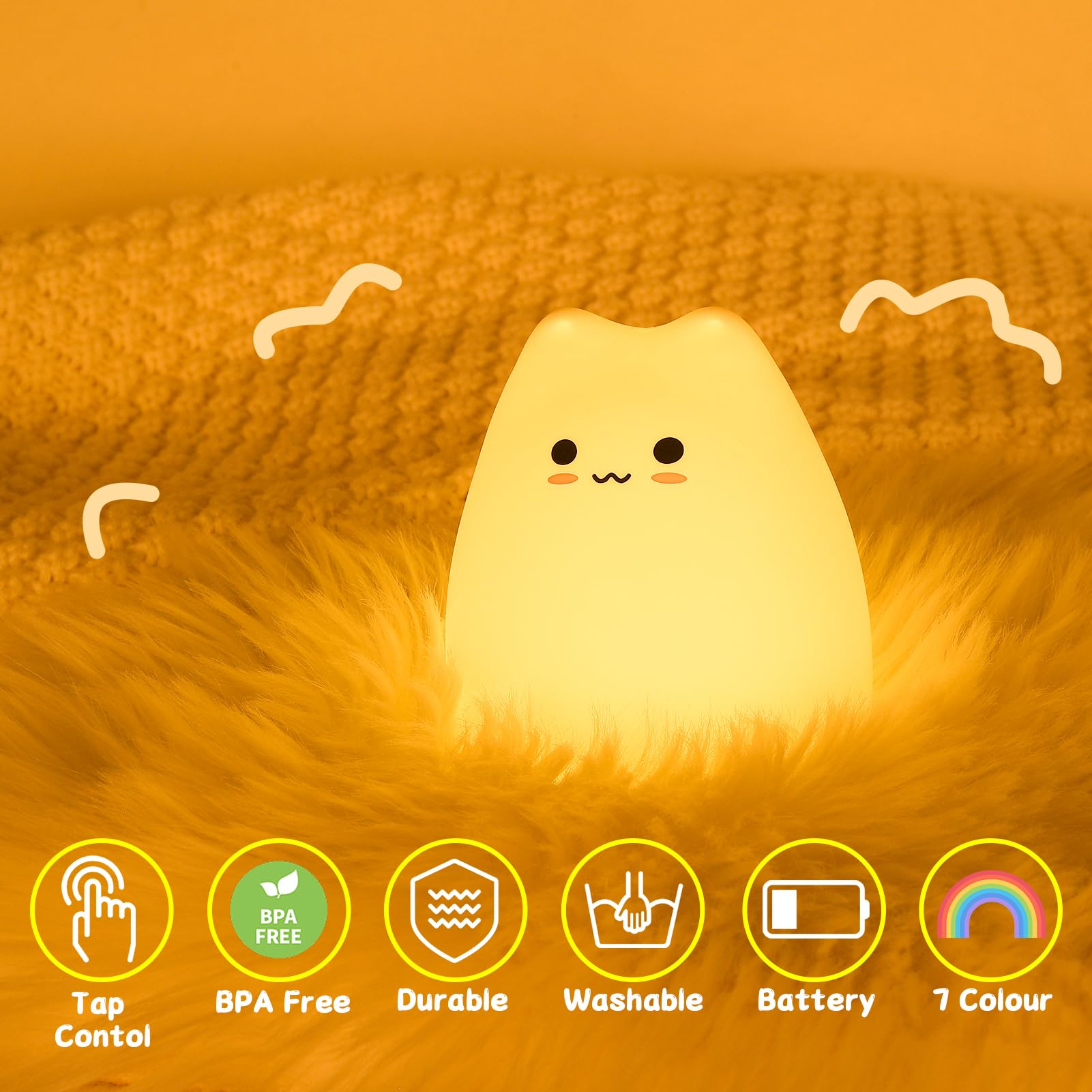 LOVERUIS Luce Notturna Bambini Kawaii Lampada Gatto Lampada Bambini Notturna Cameretta Bambina Ornamentale Regalo Bambina Silicone Morbido Batteria a 7 Colori Gattino Lampada (Agriturismo)