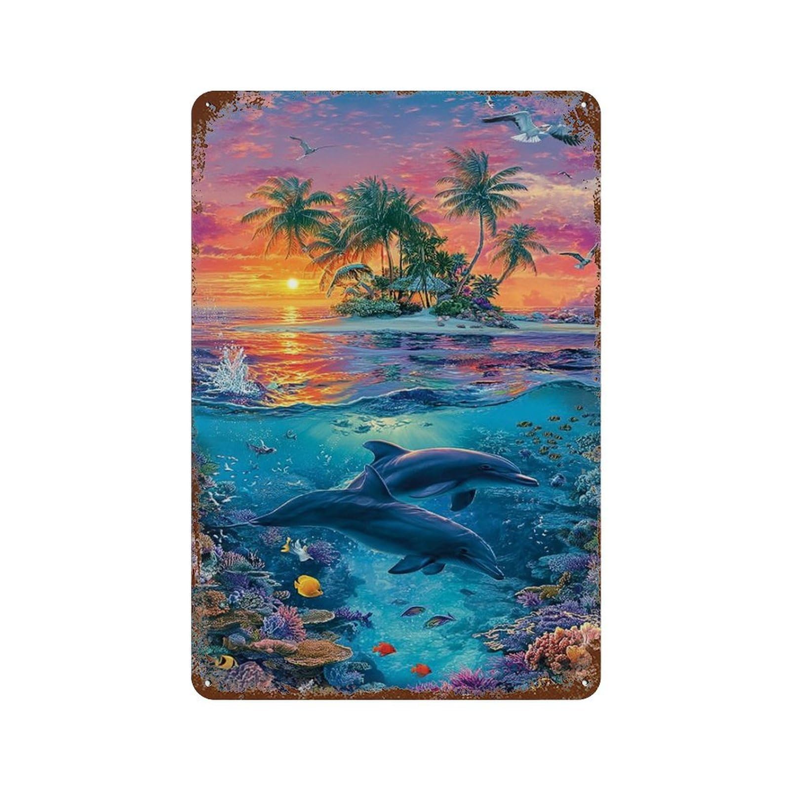 Rust Effect Ocean Paradise with Dolphins Rusty Metal Tin Sign 11.8"x7.9", Farmhouse Wall Decor for Cafe, Home Bar And Lounge Decor