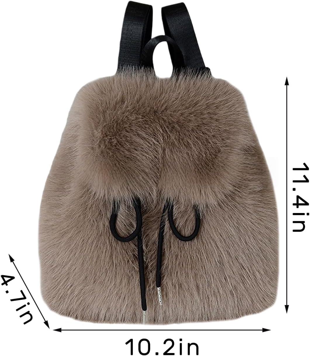 Women Faux Fur Daypack Purse Fashion Fluffy Daypack Casual Travel Daypacks Large Shoulder Rucksack with Drawstring - Image 7