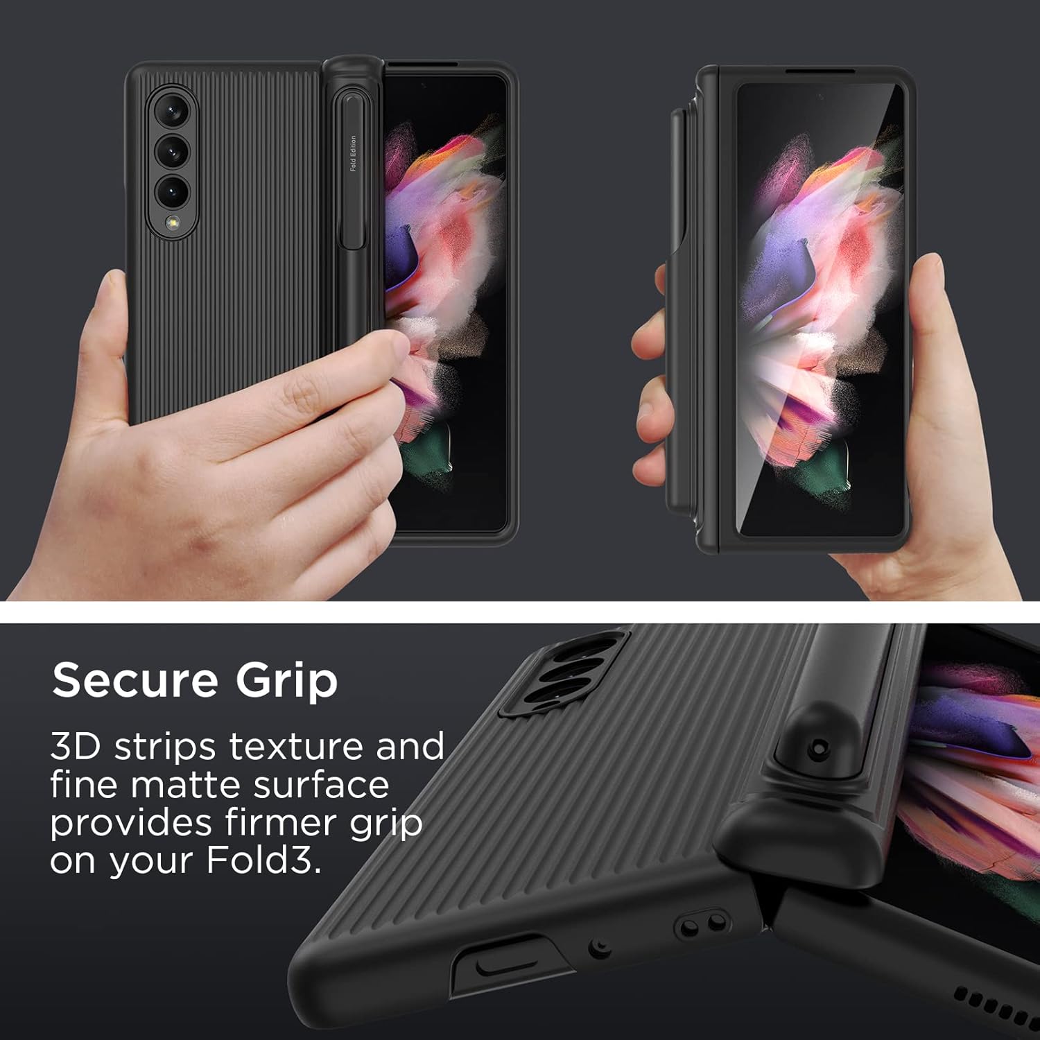 MAKAVO for Samsung Galaxy Z Fold 3 5G Case with Hinge Protection, S Pen Holder, Built-in Tempered Glass Screen Protector, Slim Fit 3D Non-Slip Texture 360 Degree Shockproof Phone Cover (Black)