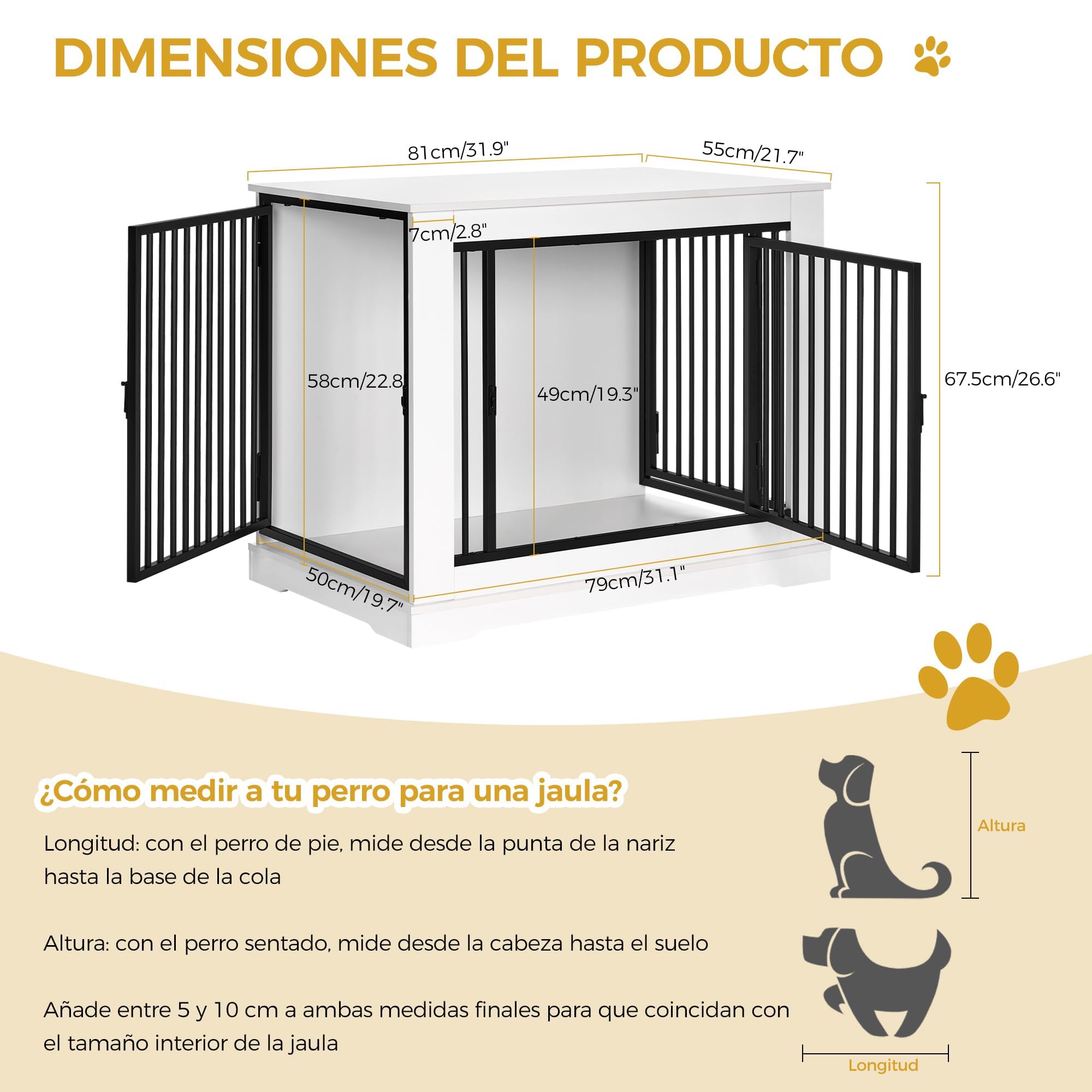 BEWISHOME 81cm Jaula para Perros, Mesa Auxiliar, casa Moderna para Perros, Jaulas para Perros de tamaño pequeño a Mediano, 3 Puertas, 81x55x67.5 cm, Blanco EMGL03W