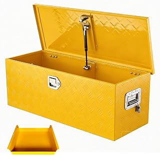 IDEALHOUSE Heavy Duty Aluminum Truck Bed Tool Box, 36x15x15 in - Lockable, Weatherproof Storage Chest with Gas Strut Lid, Organizer Tray, Side Handles, for Pickup, Trailer, RV - Five-Striped Yellow