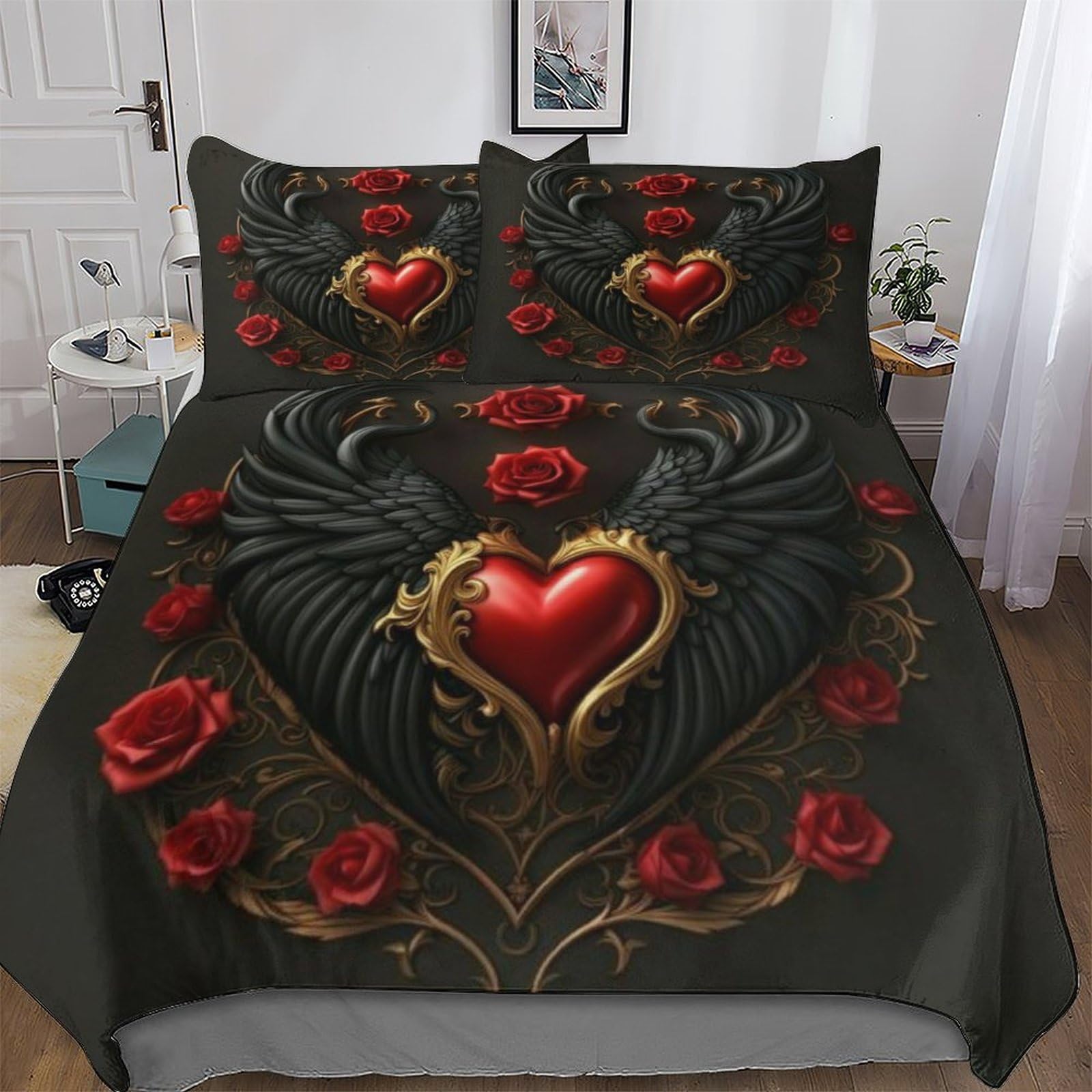 Housse de couette polyester rose 3D parures de lit king size avec taies d'oreiller