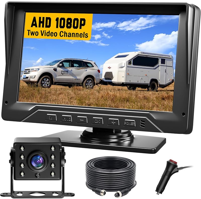 RV Backup Camera System, 7'' Wired Backup Camera for Truck Trailer Camper, 1080P HD Rear View Camera with 2 Channels, Zero Delay, 150° Wide Angle, LED Night Vision, IP69 Waterproof, Parking Guidelines