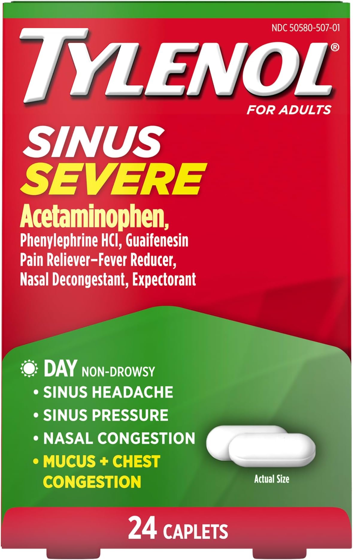 Tylenol Sinus Severe Daytime Caplets, Non-Drowsy, Pain Reliever, Pressure and Nasal Congestion Relief, Fever Reducer, Expectorant, Acetaminophen, Guaifenesin, Phenylephrine HCL, 24 Count