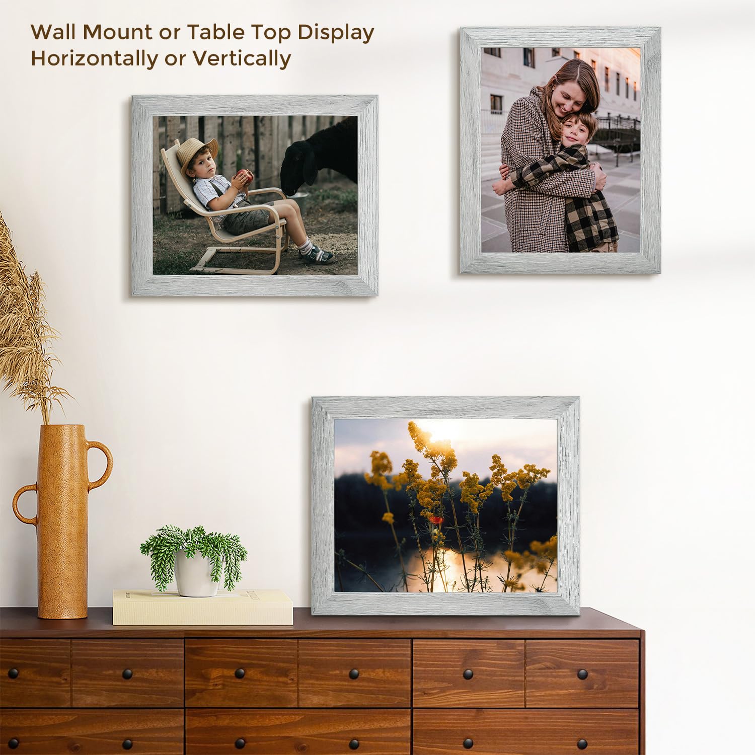 Golden State Art, Zestaw 2, ramka na zdjęcia 11 x 14 - szerokie formowanie - styl słoi drewna - wieszaki z tyłu do ekspozycji na ścianę - idealne na zdjęcia dziecka, wesela, portrety (szary)