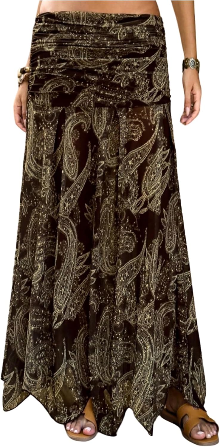 GORGLITTER Women's Boho Maxi Skirts Paisley Vintage Low Rise Ruffle Asymmetrical Hem Beach Vacation Hippie Maxi Skirt