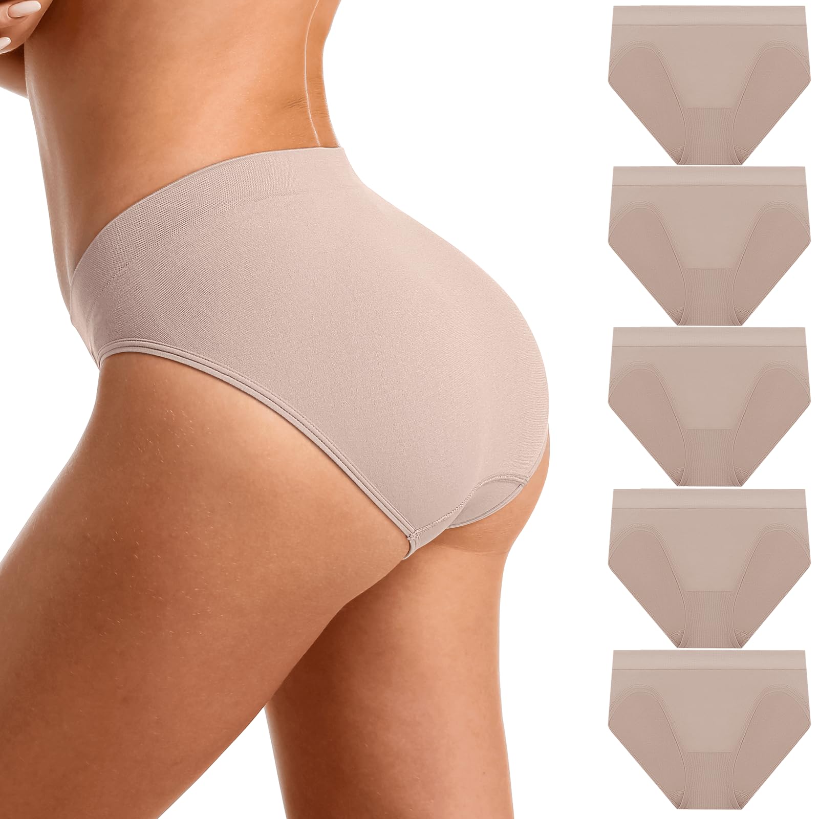 Women's Hi Cut Seamless Underwear - Mid Rise Nylon Soft Stretchy Panties No Show Full Coverage Briefs Multipack