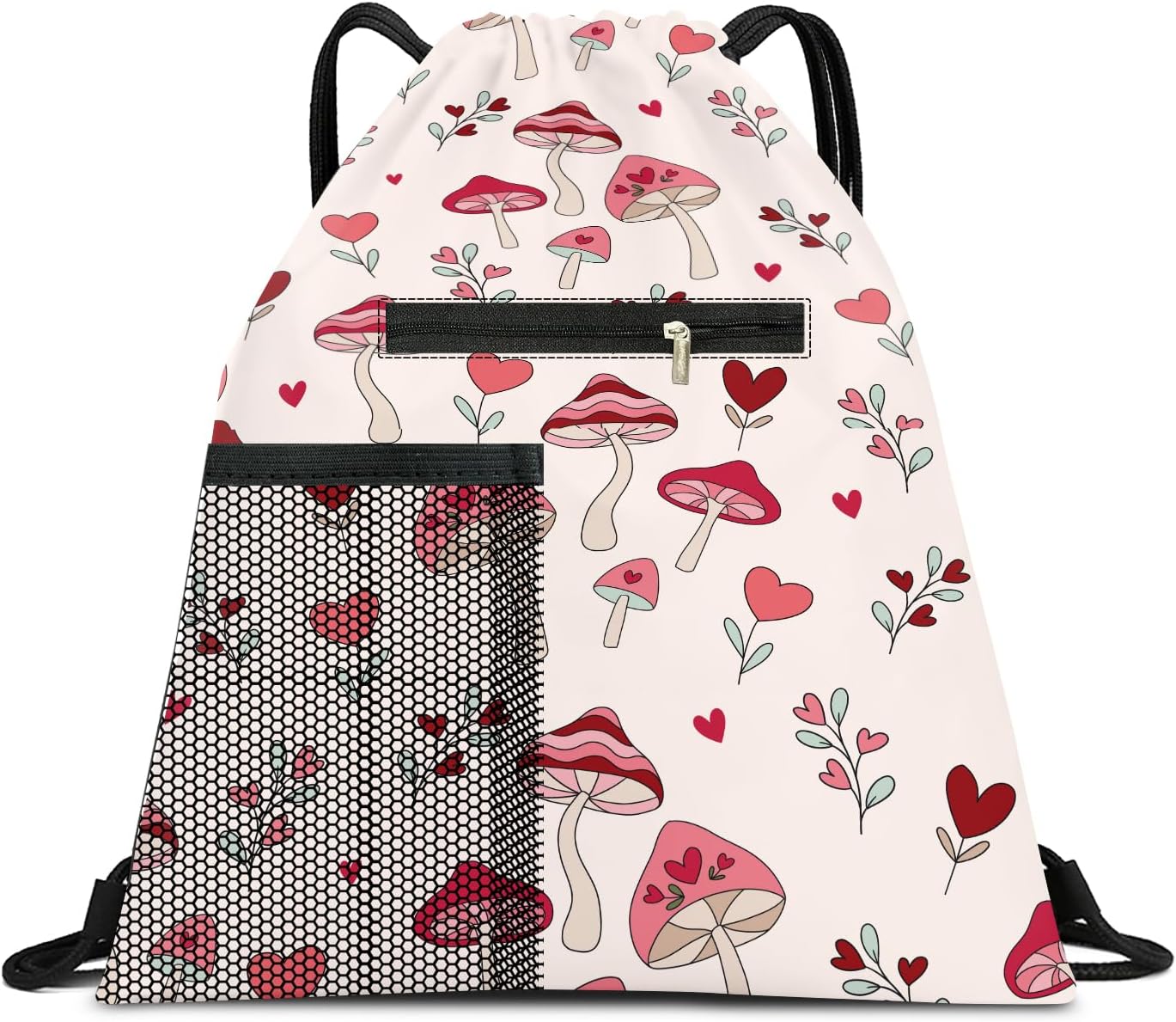 Drawstring Backpack Sports Gym Bag, Large String Swim Bag for Beach With Water Bottle Mesh Pocket, Cute Gym Sack with Zipper Pocket for Men Women Cute Pink Mushroom