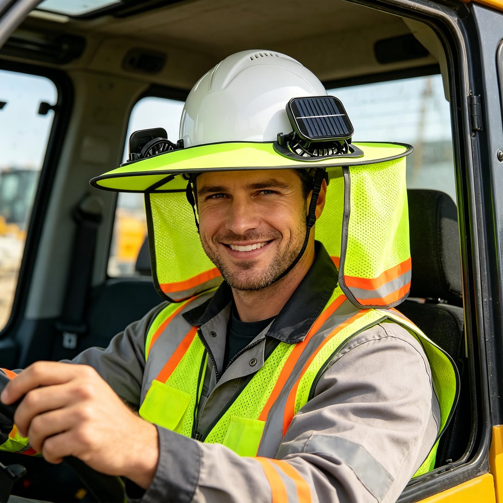 1 Set Schutzhelm-Sonnenschutz mit Solar-Ventilator, Hart-Hut-Sonnenschutz-Schutzhelm HI-VIZ mit breiter Krempe & Nackenschutz, Cooling Mesh, kontrastierende Reflexstreifen, Helmzubehör
