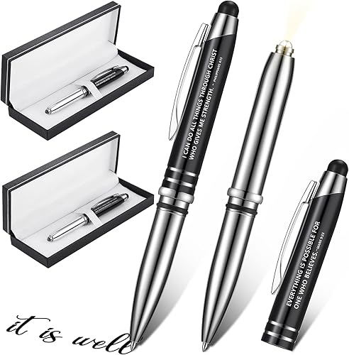 Juego de 2 rotuladores de regalo cristianos grabados con marca 9:23, filipenses 4:13, religioso, 3 en 1, con luz LED y punta de lápiz capacitivo,