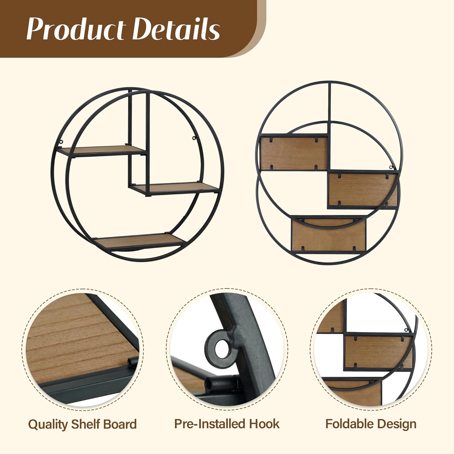 Industrial Style Round Wall Shelves - 3 Tier Metal Hanging Circle Floating Shelves for Bathroom Living Room Wall Decor, 21 Inch