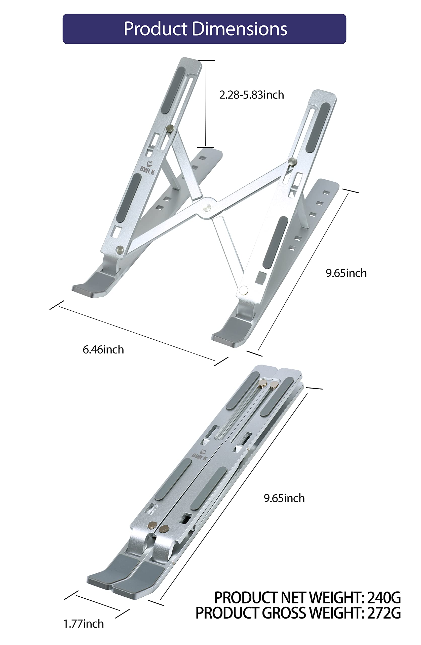 OWL K Laptop Stand for Desk, Computer Stand Adjustable Height Ergonomic Portable Aluminum Laptop Riser, Foldable Multiple 7 Angles Anti-Slip Laptop Holder Compatible with 9-15.6 inch Laptops (Silver)