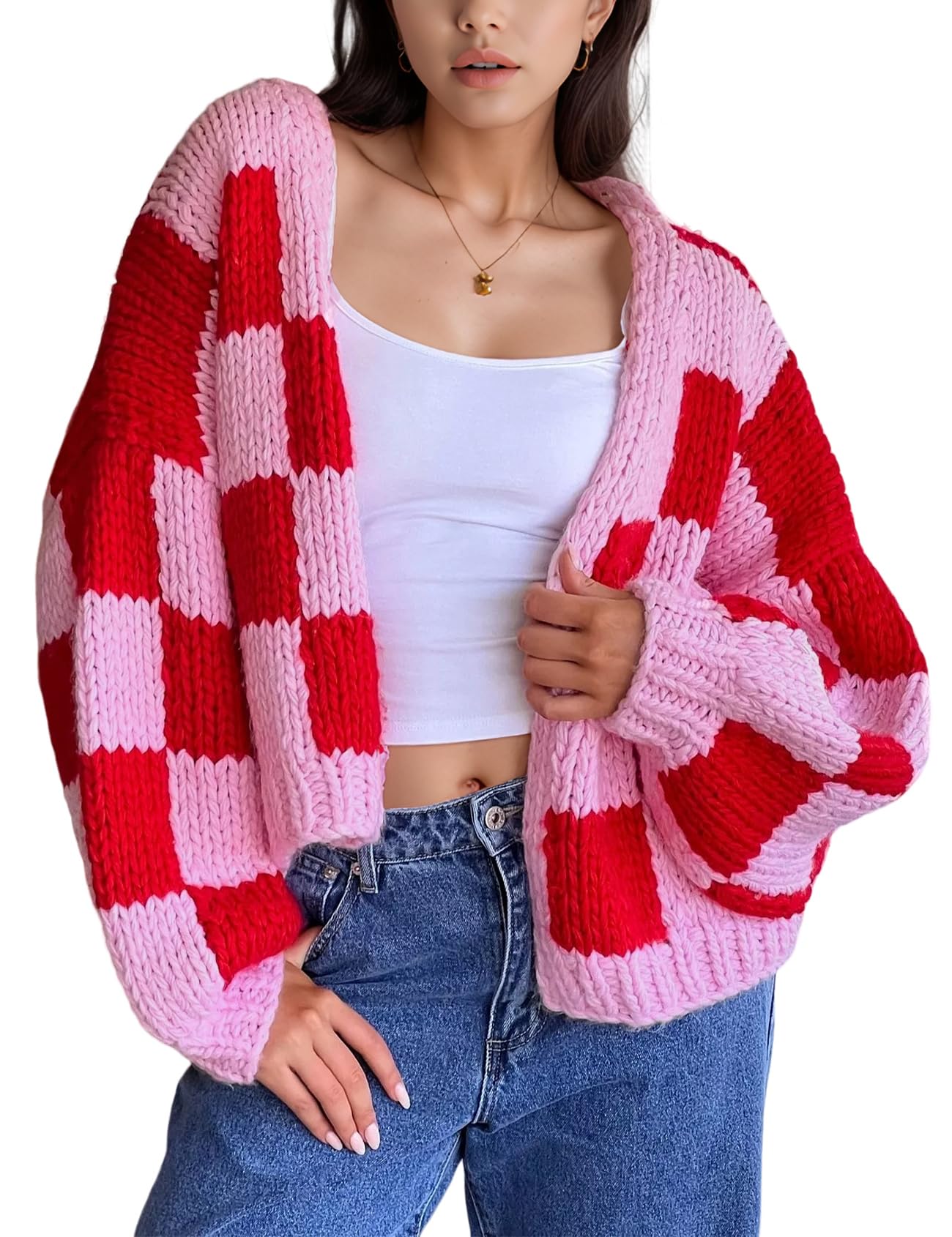 Wyeysyt Checkered Cardigan Sweaters for Women Open Front Long Sleeve Cardigan Cropped Chunky Knit Sweaters Outwear