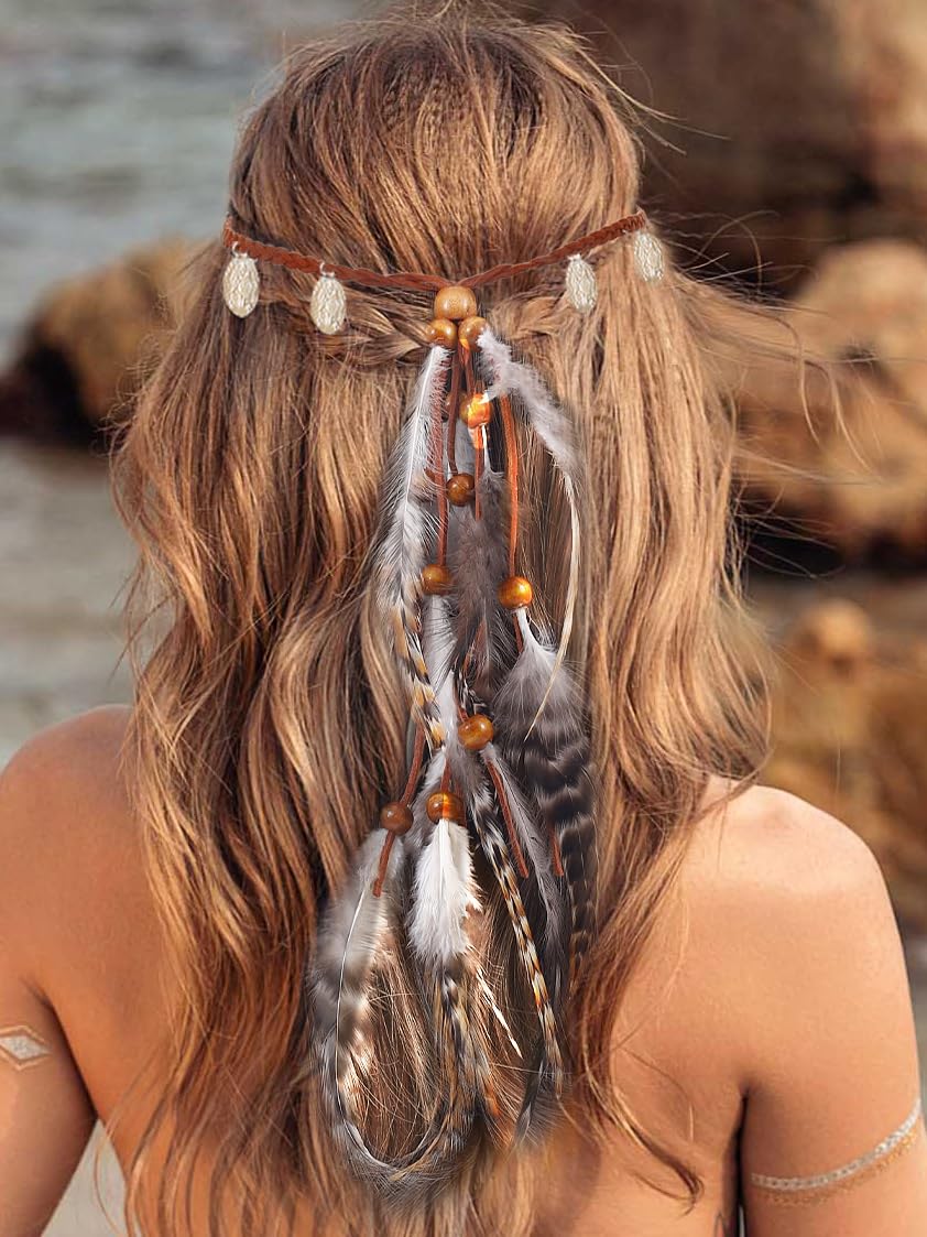 Fashband Indian Feather Headband Boho Coins Tassel Hippie Headdress Tribal Beads Festival Headpiece Hair Accessoriess for Women (A