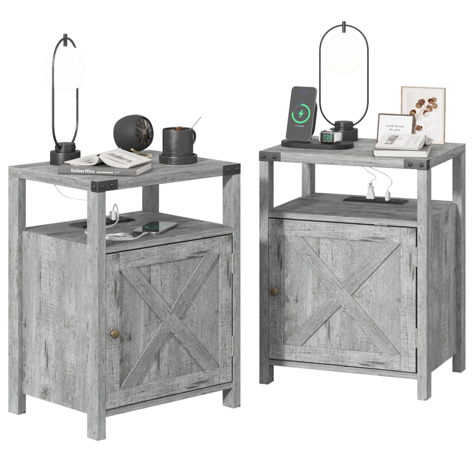 Fameill Nightstands Set of 2, Night Stand with Charging Station, Bed Side Table with Storage Cabinet, Farmhouse End Table for Living Room with USB Ports and Outlets, Grayish White