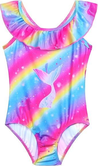 Snowheart Girls Swimsuit One Piece Bathing Suit Kids Quick Dry Shoudler Ruffle Floral Swimwear for 3-12 Years Old