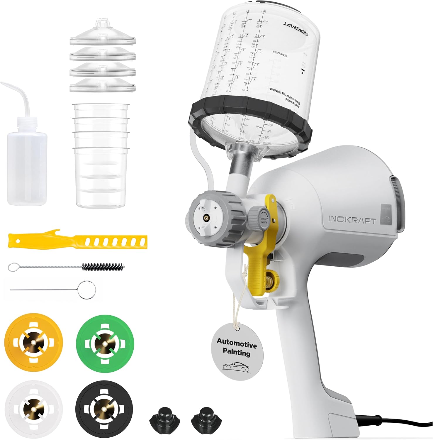 InoKraft Drizzle X Electric HVLP Spray Paint Gun for Automotive Spot Refinishing, 800W Compressor-Free Spray Gun for Painting Cars with 22oz Gravity Feed Cup, 1.0/1.3/1.5/1.8 mm Nozzles, 16.4 ft Cord