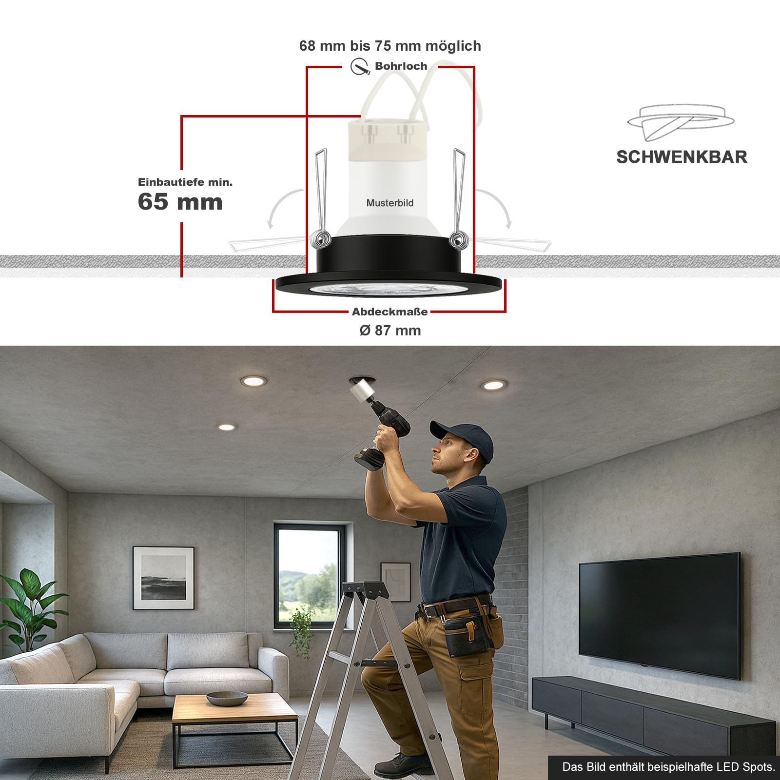 trendlights24 Decora LED Einbaustrahler 230V Schwarz 10er Set Spots 4W GU10 | Decken Einbauleuchte, rund, Warmweiß, Abstrahlwinkel 45-55°, Lochmaß 68 mm, Einbauspots, schwenkbar