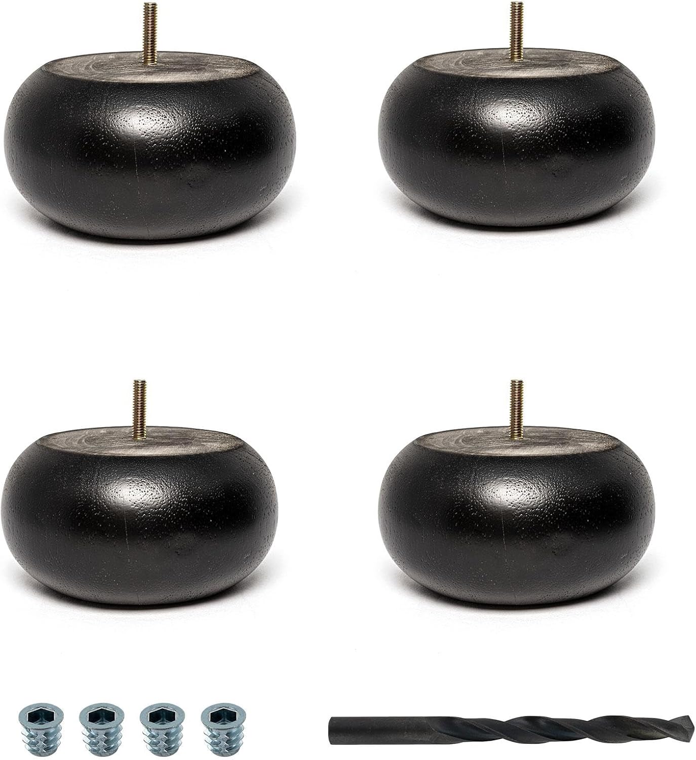 OUTWATER 3 in. H x 6 in. Dia Stained Espresso Solid Hardwood Bun Foot Leg for Furniture 4 Pack with 4 Free Insert Nuts and Drill Bit