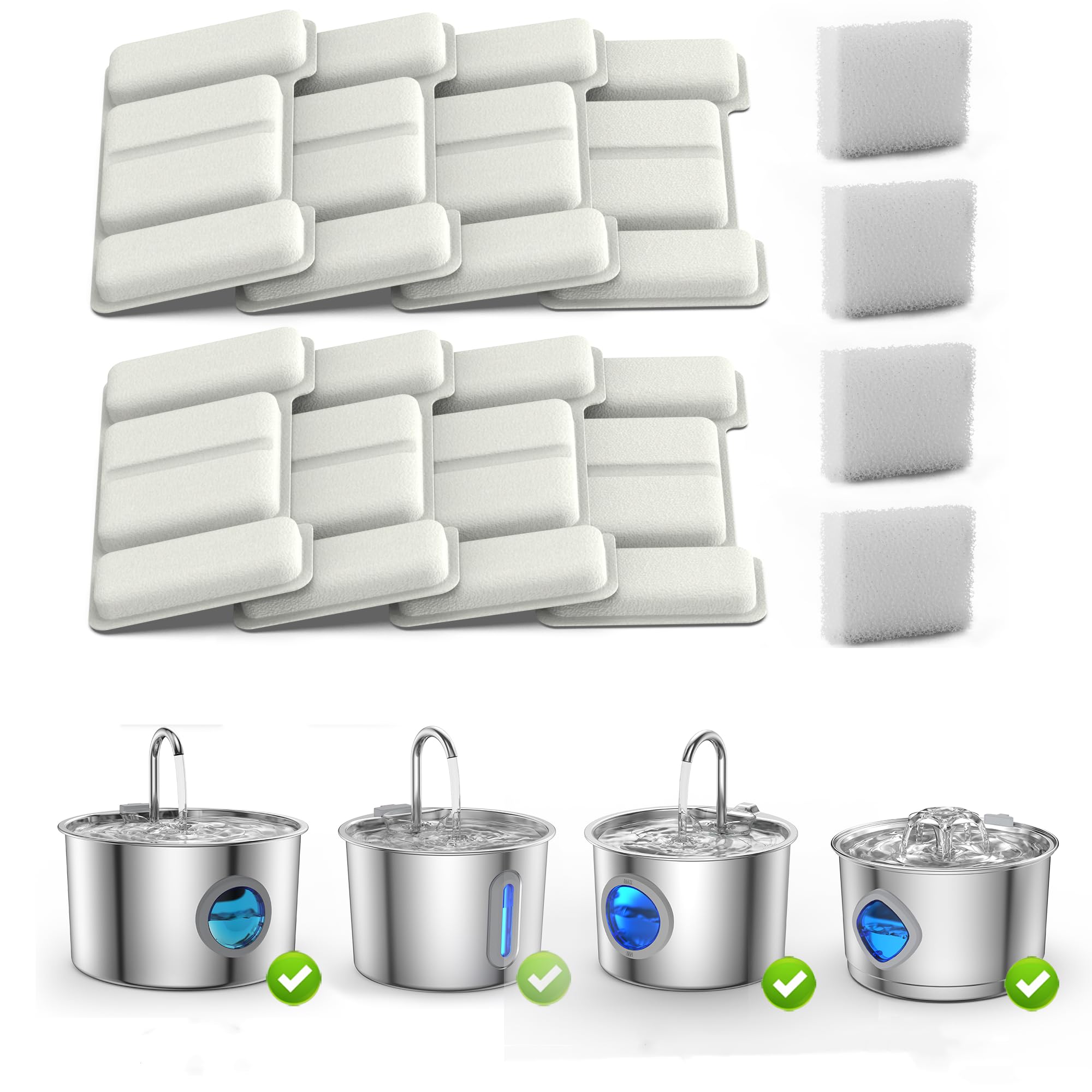 Ersatzfilter für 2,2L/3,2L Edelstahl-Katzenbrunnen, 8 Filter + 4 Schwämme | Vierfache Filtration mit Aktivkohlefiltern und Pumpenschwämmen für frisches Wasser und saubere Wasserzirkulation