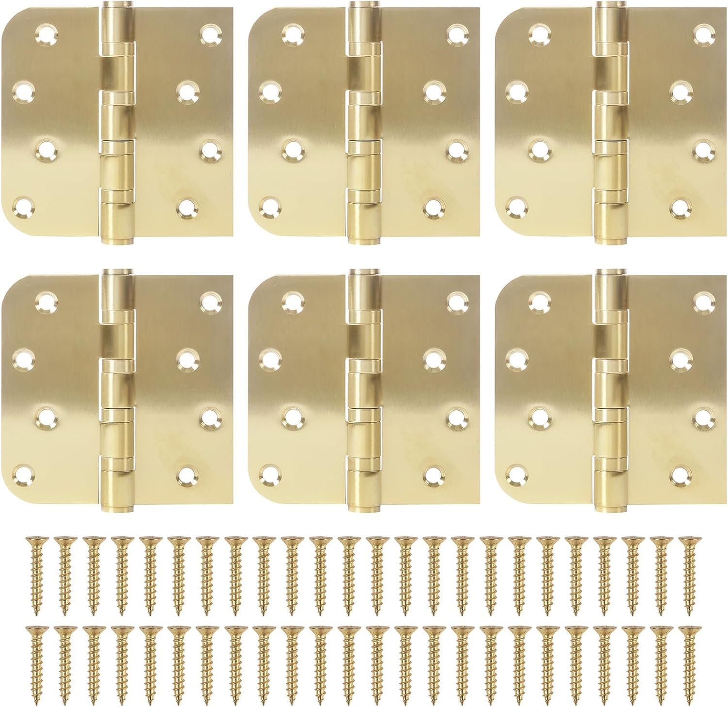 6 Pack Gold Ball Bearing Door Hinges, 4.0 x 4.0 Inches Heavy-Duty Stainless Steel Door Hinges for Exterior & Interior Doors, 1/4" Radius Corners