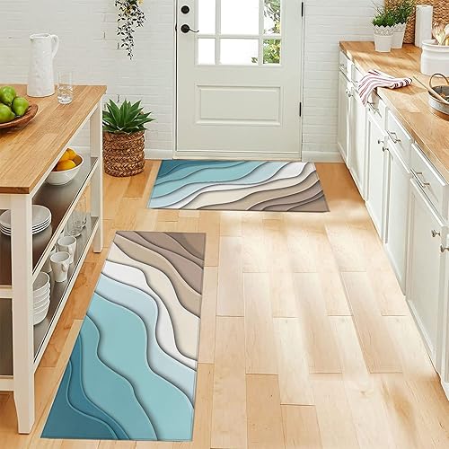 Miniatura 5 de Juego de 2 alfombras de cocina con diseño de rayas degradadas, color marrón turquesa, antideslizantes, lavables, antifatiga, alfombra abstracta a