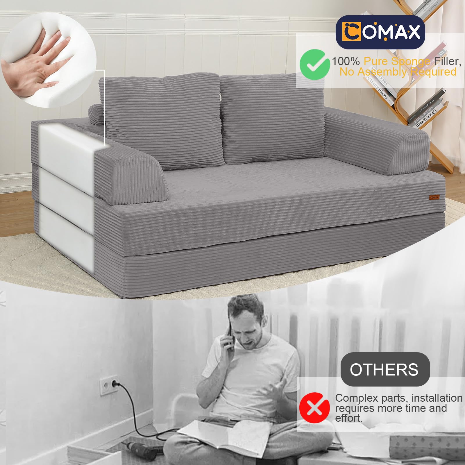 COMAX Futon Sofa Bed, Convertible Sofa Bed, Folding Boneless Couches | Low-Profile Boneless Couch for Living Room, 11.8" H Low Seat Small 59" Foldable Floor Sleeper Mattress Lounge Space‑Saving