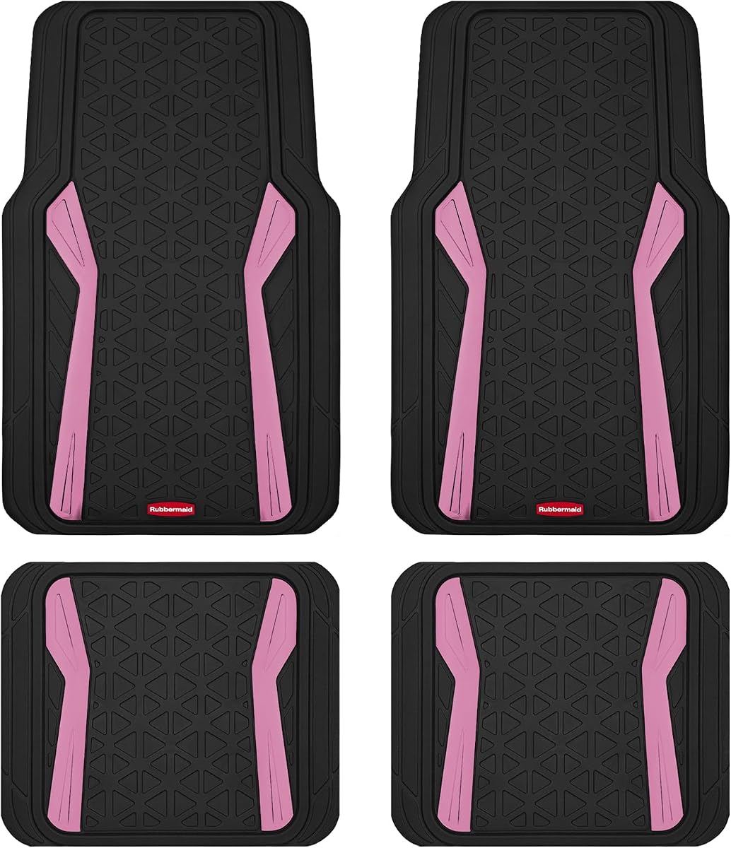 Rubbermaid Car Floor Mats Full Set, Premium Heavy Duty All-Weather Car Mats– Rugged Rubber with Brushed Aluminum Inserts, Universal Trim-to-Fit, Anti-Slip Backing for Cars, SUVs, Trucks & Vans - Pink