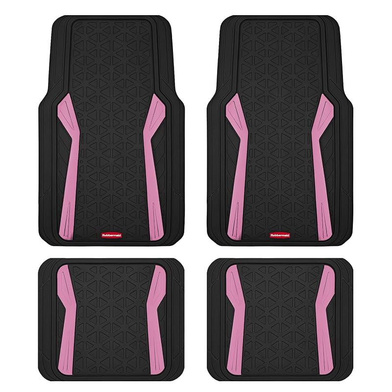 Kit de Tapetes Automotivos Rubbermaid em Borracha com Inserções de Alumínio, Ajuste Universal Recortável, Rosa, 4 Peças