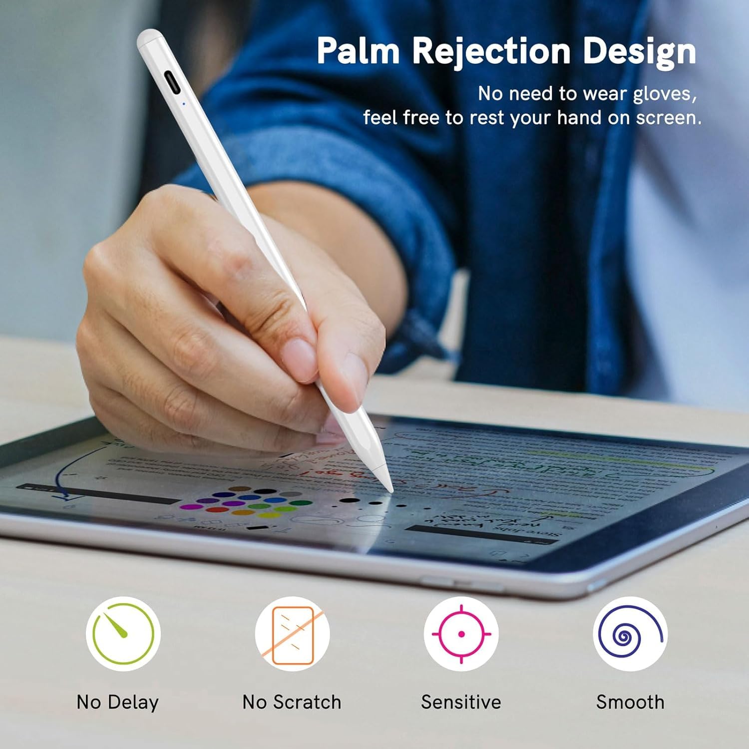 Hand resting on iPad screen while using OLV Stylus Pen, demonstrating palm rejection
