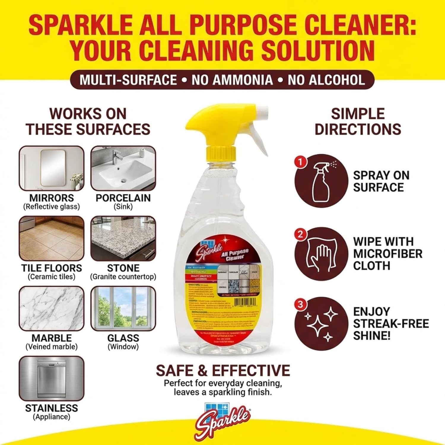 Sparkle All-Purpose Cleaner, Multi-Surface Cleaning Spray for Kitchen, Bathroom, and Home, Removes Grease, Grime, and Dirt, Fresh Scent, 33.8 oz Bottle for Everyday Use (Pack of 6)