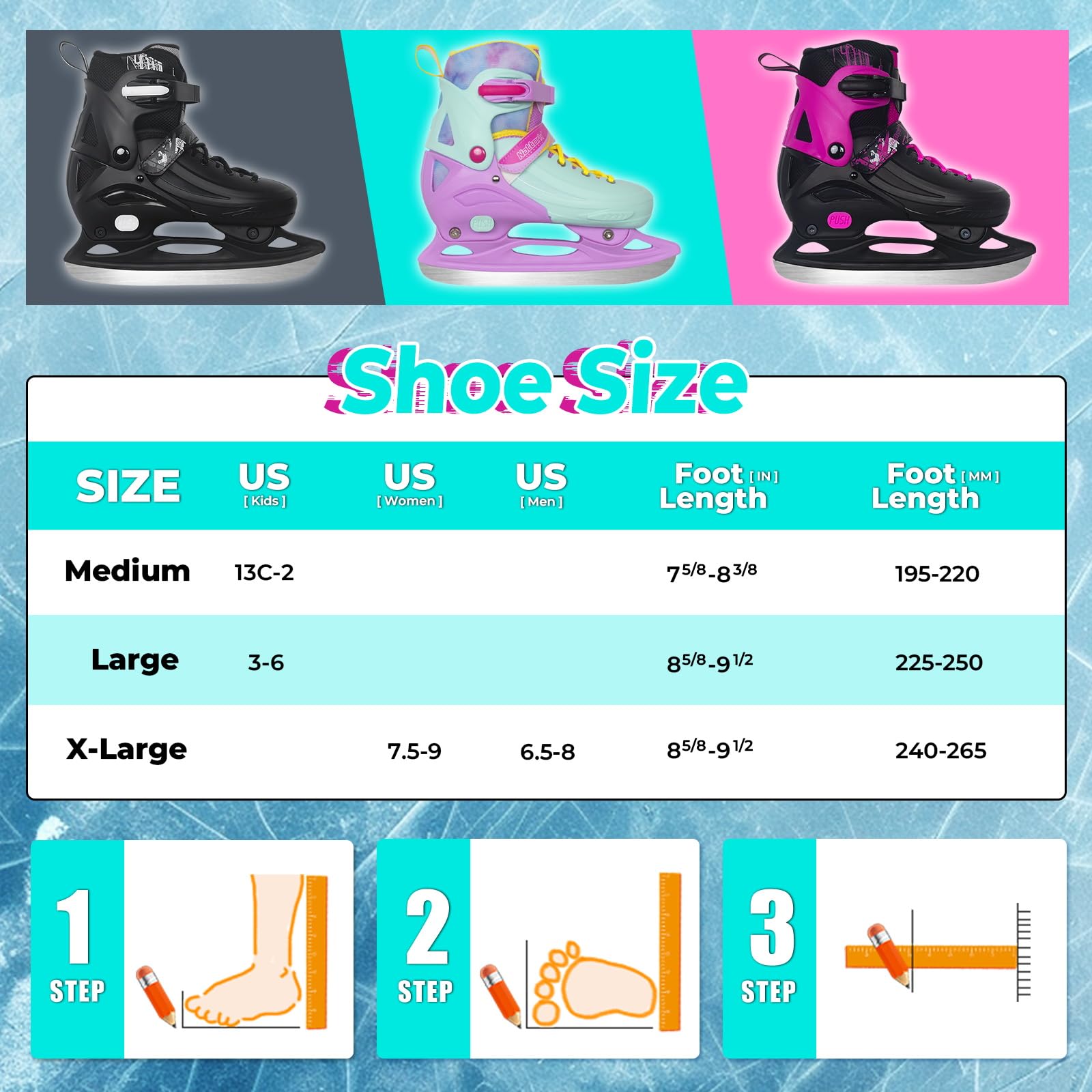 Nattork Patines de Hielo de 4 tamaños Ajustables para niños y niñas, Divertidos para Principiantes, Patinaje sobre Hielo para Exteriores, protección Dura Suave y cómoda para niños
