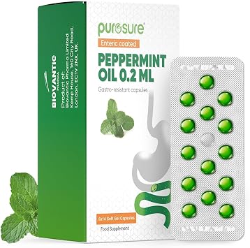 Purosure Enteric Coated Peppermint Oil Capsules - 84 Soft Gel Caps 0.2ml Each, Gastro-Resistant Natural Soothing Mint Sealed in Hygienic Blister Strips Supports Healthy Digestion
