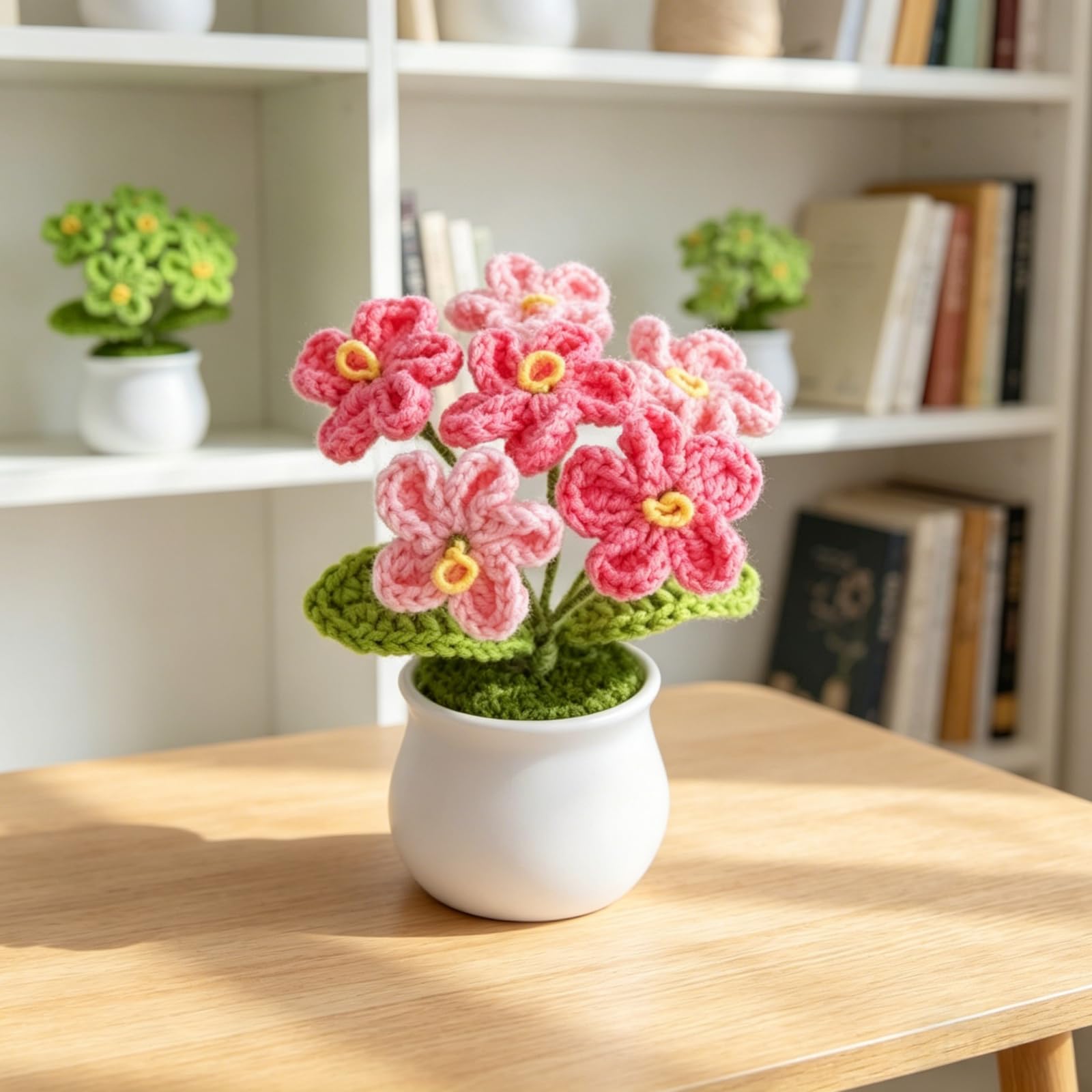 Winsegom Handmade Crochet Potted Flowers, Pink Forget Me Not Forever Flower, Knitted Flower Pot for Home Office Desk Decor, Mini Potted Plants, 13 x 5 cm