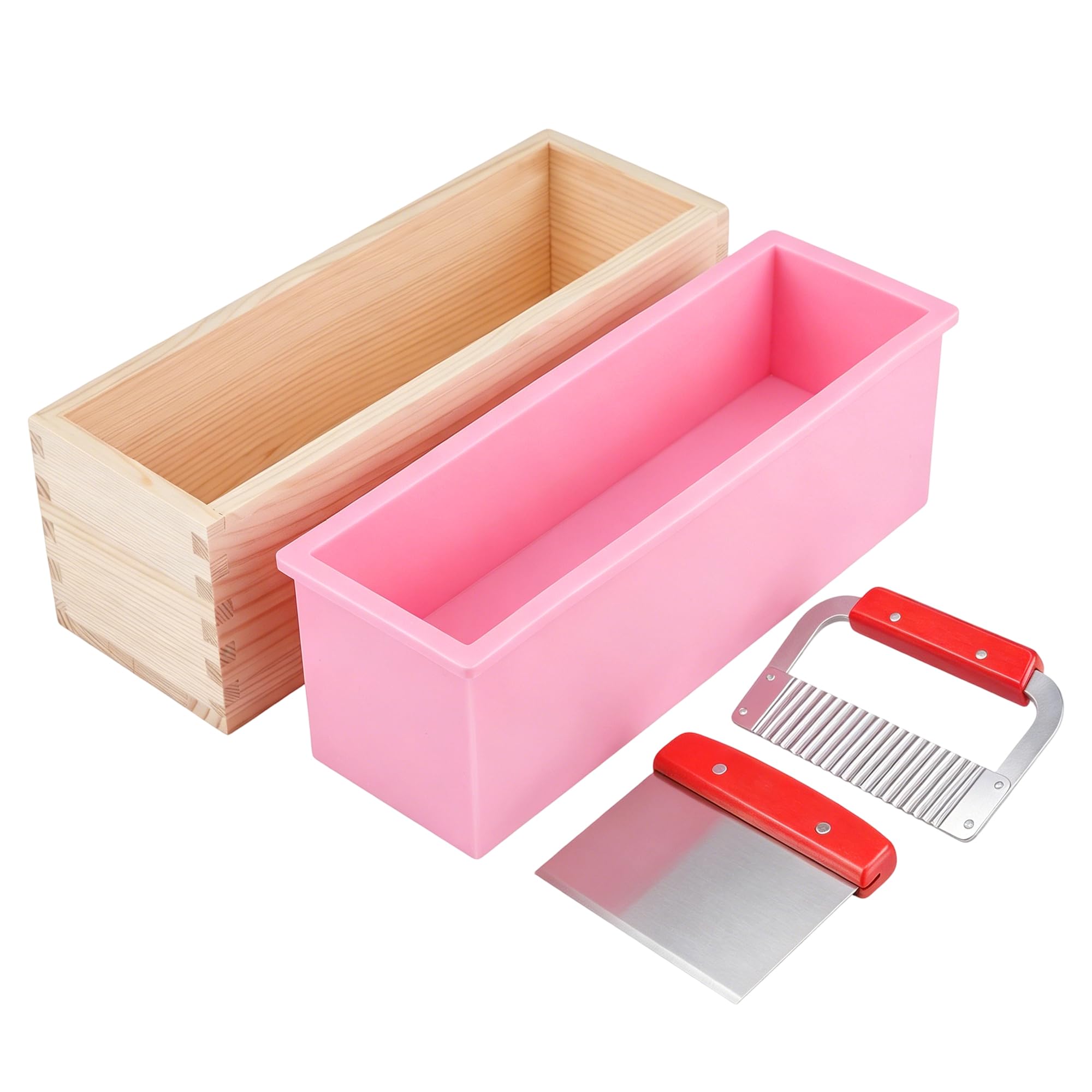 JIAYUET Silicone Soap Molds Kit, 42oz Rectangle Loaf Moulds with Wooden Box and Stainless Steel Wavy/Straight Soap Cutters for DIY Craft
