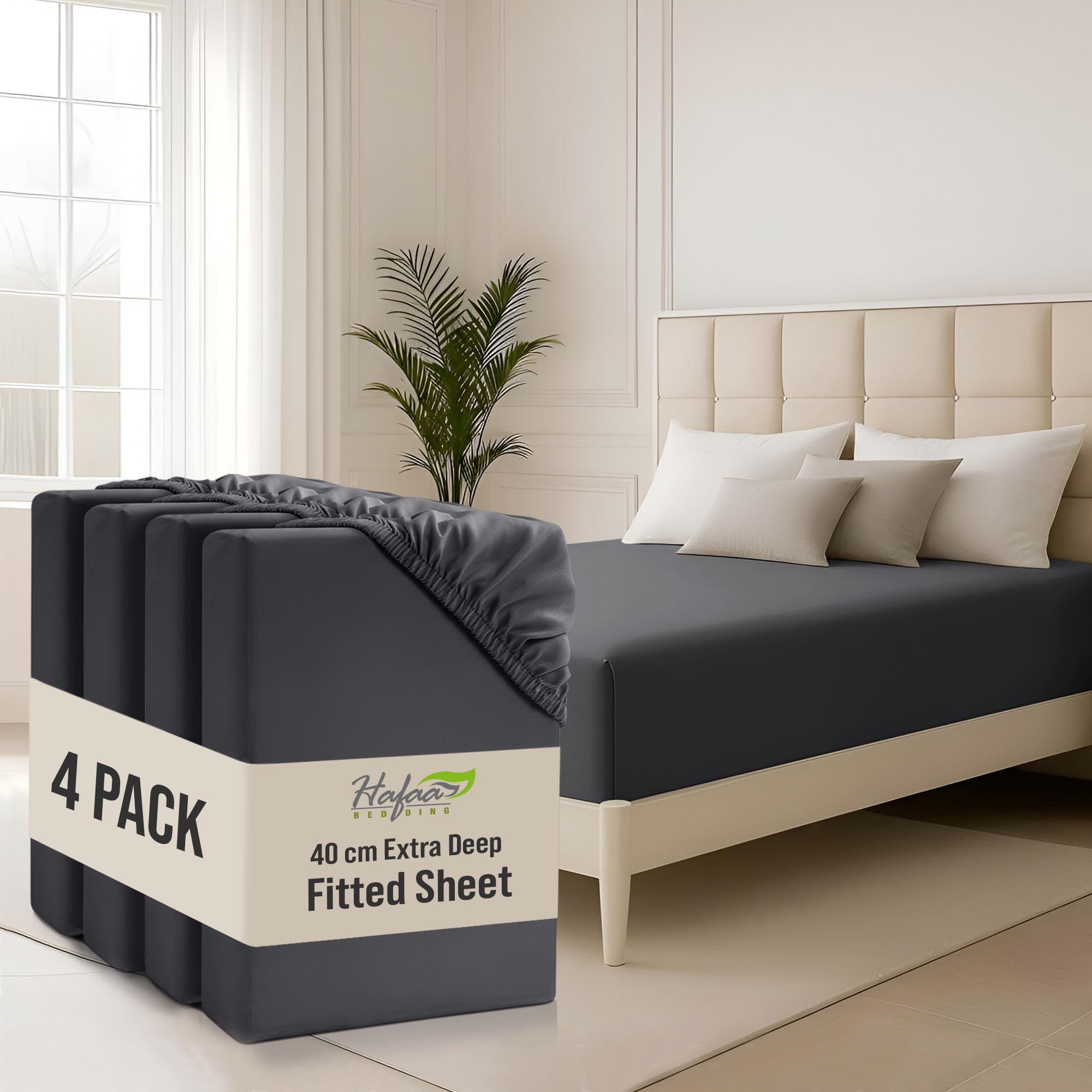 Hafaa Small Double Fitted Sheet 4 Pack 40Cm Deep Pocket 16 Inch Charcoal